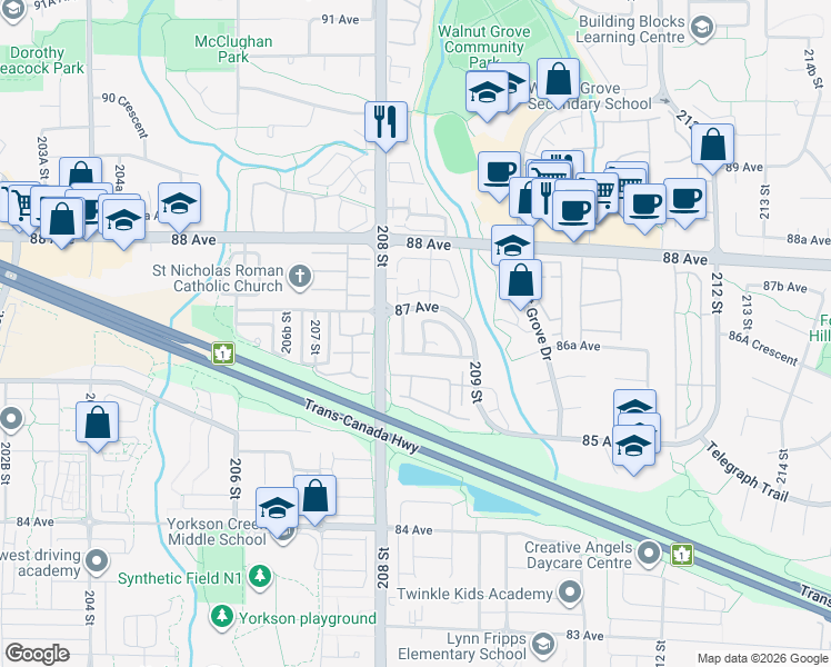 map of restaurants, bars, coffee shops, grocery stores, and more near 42 209 Street in Langley