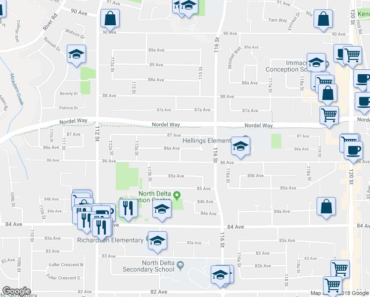 map of restaurants, bars, coffee shops, grocery stores, and more near 11482 86A Avenue in Delta