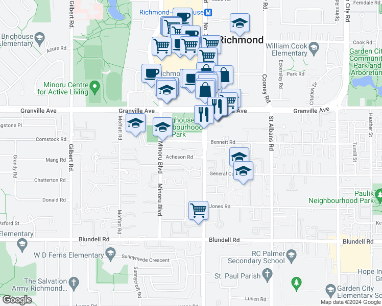 map of restaurants, bars, coffee shops, grocery stores, and more near 7717 Acheson Road in Richmond