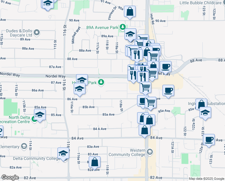 map of restaurants, bars, coffee shops, grocery stores, and more near 11833 86A Avenue in Delta
