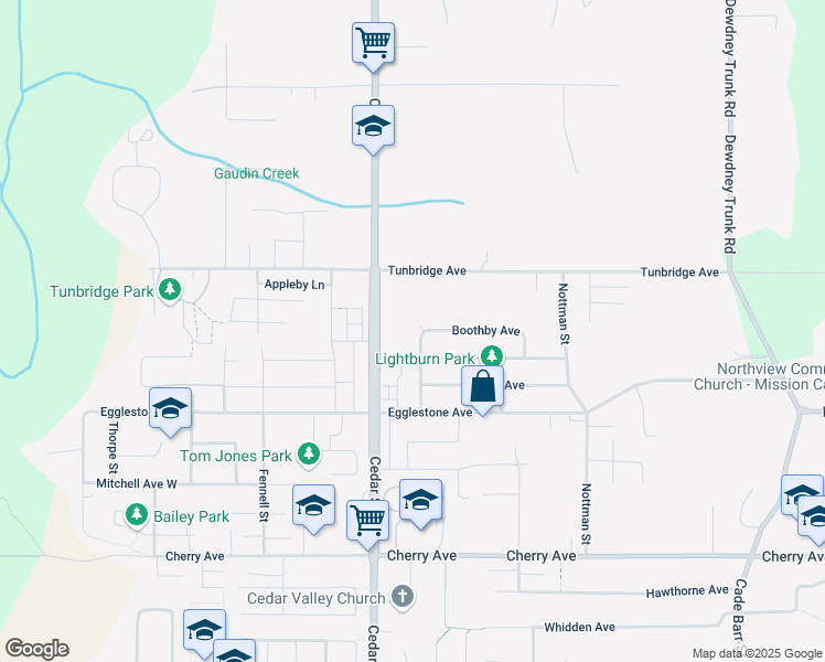 map of restaurants, bars, coffee shops, grocery stores, and more near 8727 Hargitt Place in Mission