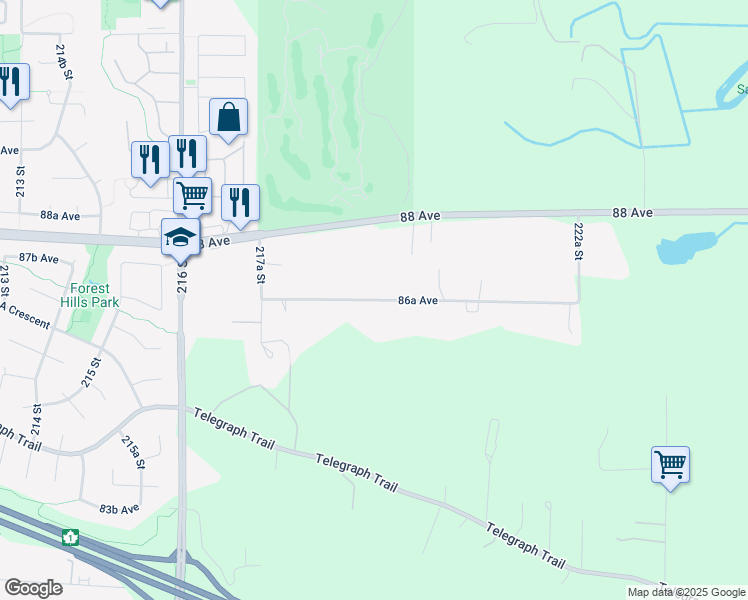 map of restaurants, bars, coffee shops, grocery stores, and more near 86A Avenue in Langley Township