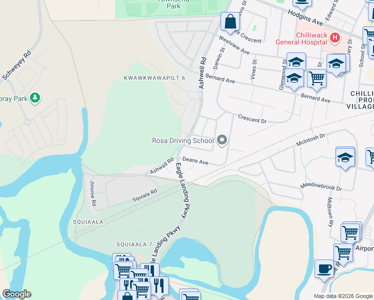 map of restaurants, bars, coffee shops, grocery stores, and more near 45146 Trutch Avenue in Chilliwack