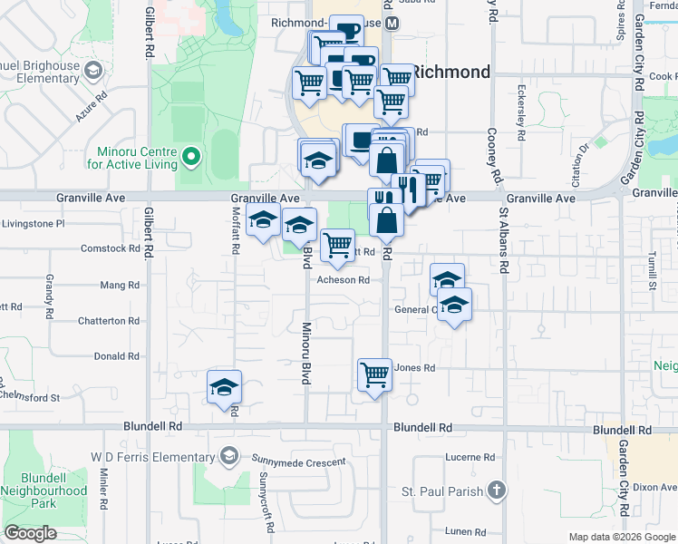 map of restaurants, bars, coffee shops, grocery stores, and more near 7633 Acheson Road in Richmond