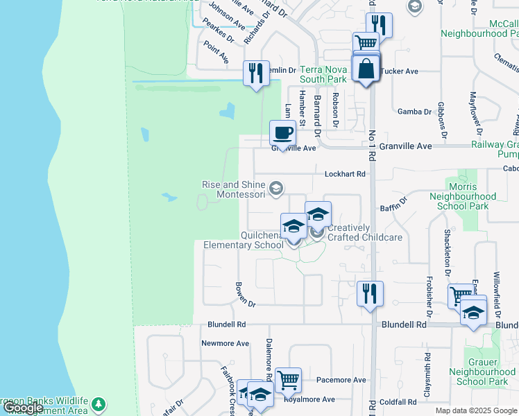 map of restaurants, bars, coffee shops, grocery stores, and more near 3351 Bentinck Place in Richmond