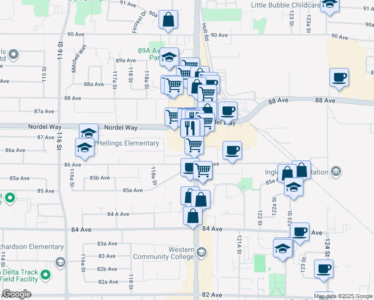 map of restaurants, bars, coffee shops, grocery stores, and more near 8635 120 Street in Delta