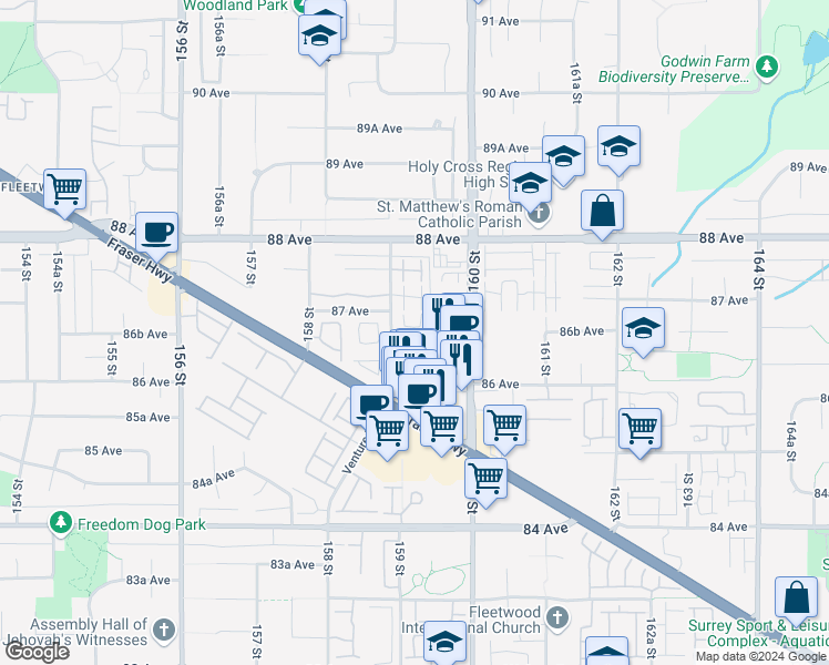 map of restaurants, bars, coffee shops, grocery stores, and more near in Surrey