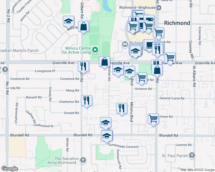 map of restaurants, bars, coffee shops, grocery stores, and more near 7231 Moffatt Road in Richmond
