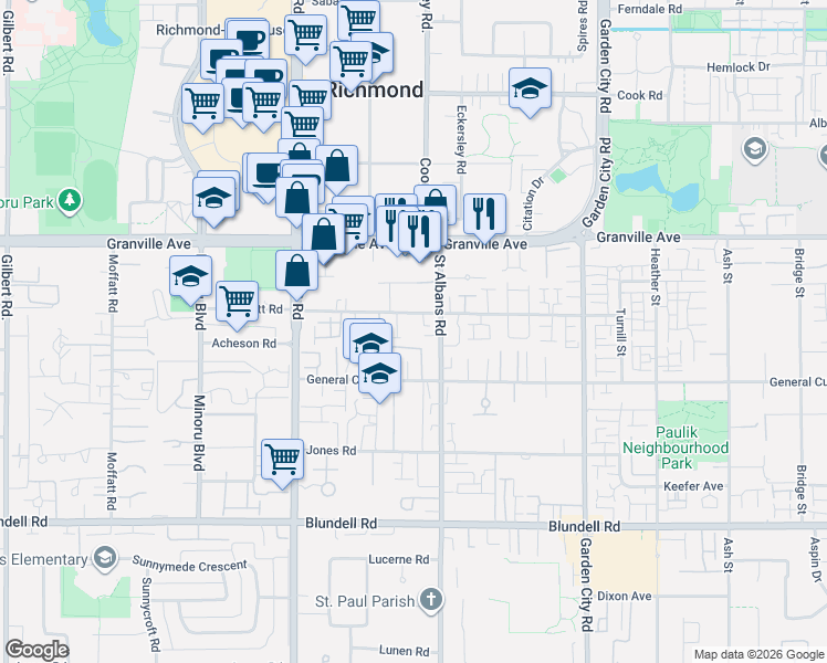map of restaurants, bars, coffee shops, grocery stores, and more near 8300 Bennett Road in Richmond