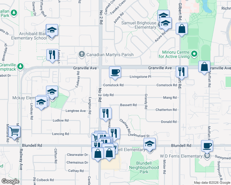 map of restaurants, bars, coffee shops, grocery stores, and more near 6191 Udy Road in Richmond