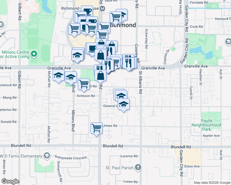 map of restaurants, bars, coffee shops, grocery stores, and more near 8120 Bennett Road in Richmond