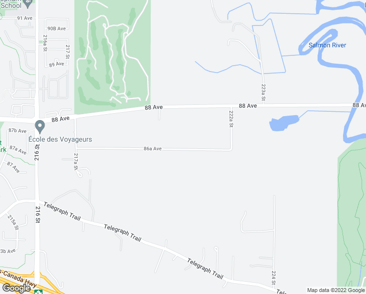 map of restaurants, bars, coffee shops, grocery stores, and more near 22089 86A Avenue in Langley City