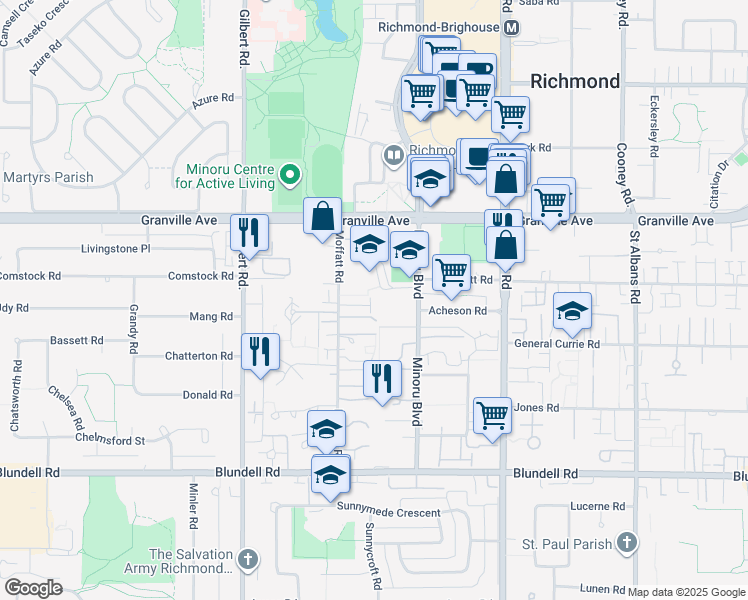 map of restaurants, bars, coffee shops, grocery stores, and more near 7240 Moffatt Road in Richmond