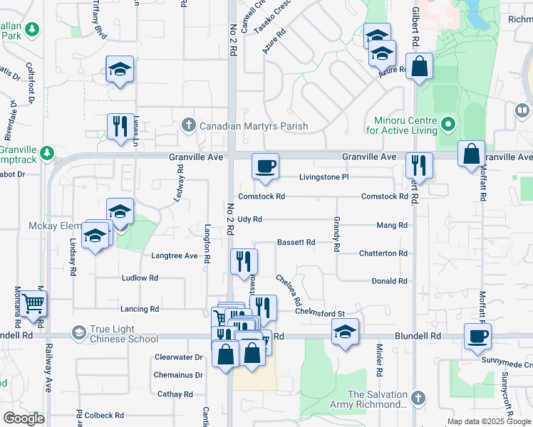 map of restaurants, bars, coffee shops, grocery stores, and more near 6191 Udy Road in Richmond