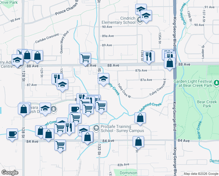 map of restaurants, bars, coffee shops, grocery stores, and more near 13251 Shakespeare Place in Surrey