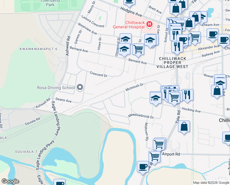 map of restaurants, bars, coffee shops, grocery stores, and more near 45425 McIntosh Drive in Chilliwack