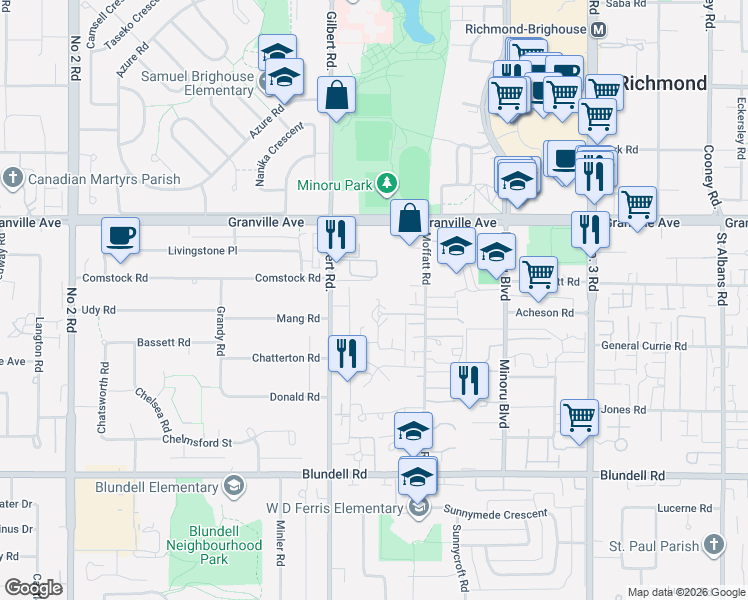 map of restaurants, bars, coffee shops, grocery stores, and more near 7293 Moffatt Road in Richmond