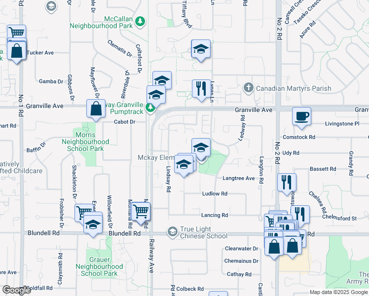 map of restaurants, bars, coffee shops, grocery stores, and more near 7260 Lindsay Road in Richmond