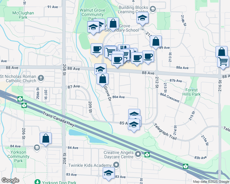 map of restaurants, bars, coffee shops, grocery stores, and more near 8716 Walnut Grove Drive in Langley City