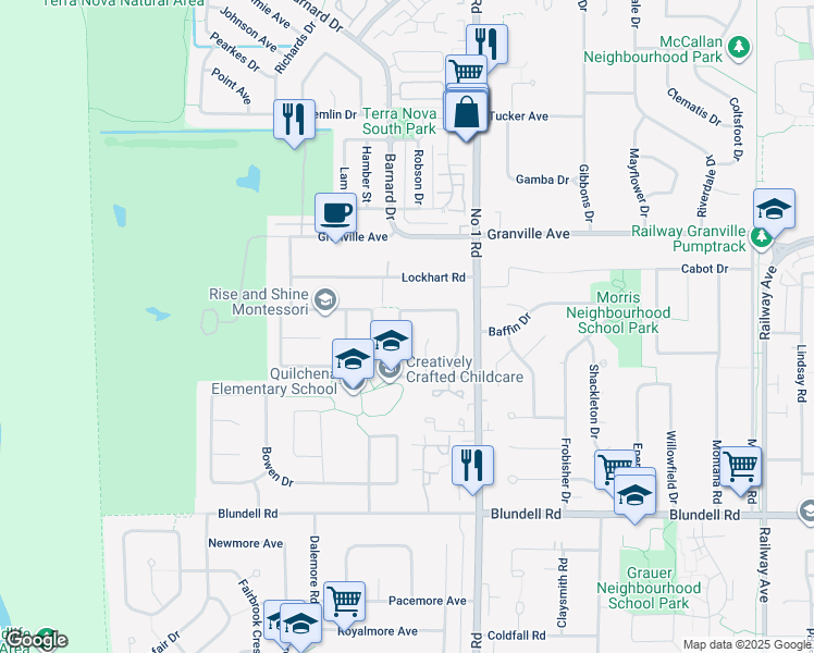 map of restaurants, bars, coffee shops, grocery stores, and more near 7460 Thormanby Crescent in Richmond