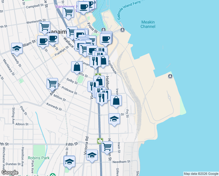 map of restaurants, bars, coffee shops, grocery stores, and more near 45 Haliburton Street in Nanaimo