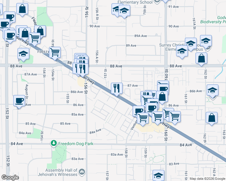 map of restaurants, bars, coffee shops, grocery stores, and more near in Surrey