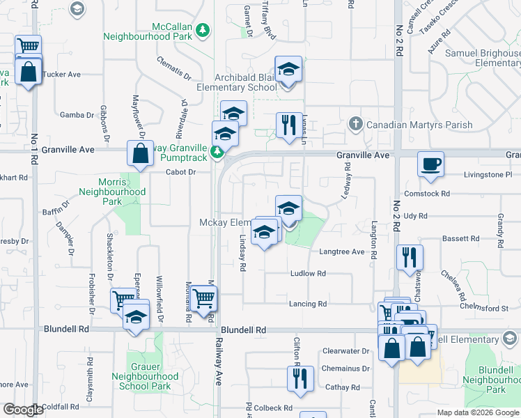 map of restaurants, bars, coffee shops, grocery stores, and more near 7180 Lindsay Road in Richmond
