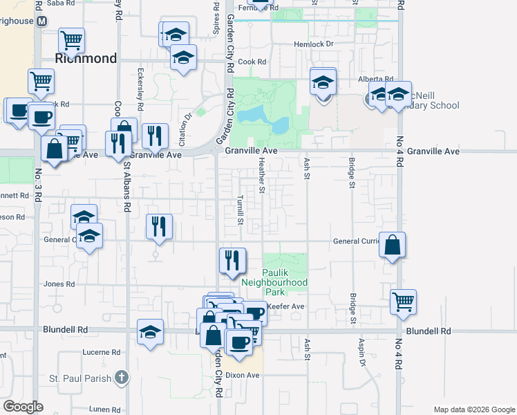 map of restaurants, bars, coffee shops, grocery stores, and more near 7233 Heather Street in Richmond