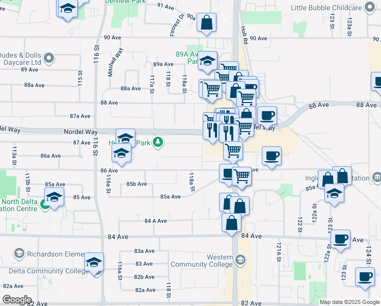 map of restaurants, bars, coffee shops, grocery stores, and more near 11867 86A Avenue in Delta