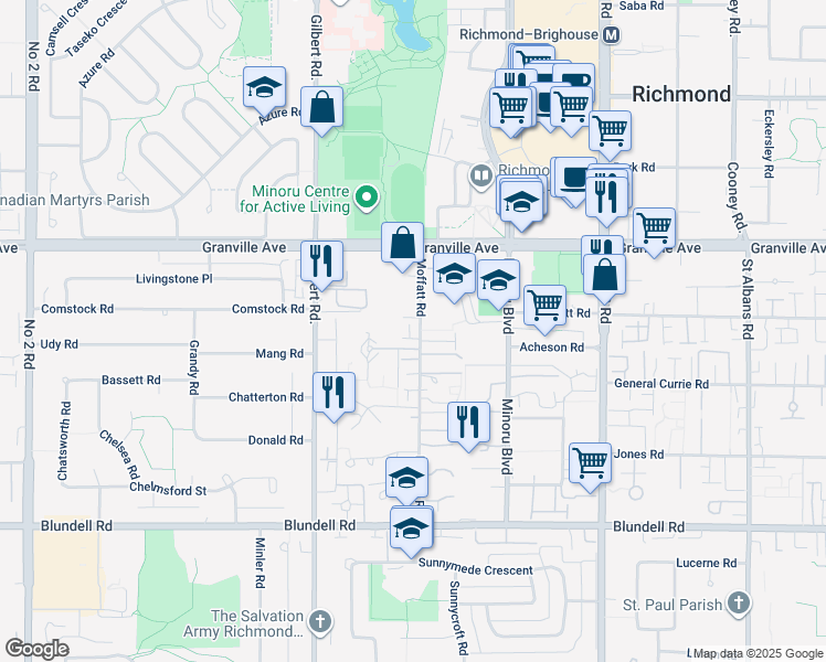 map of restaurants, bars, coffee shops, grocery stores, and more near 7231 Moffatt Road in Richmond