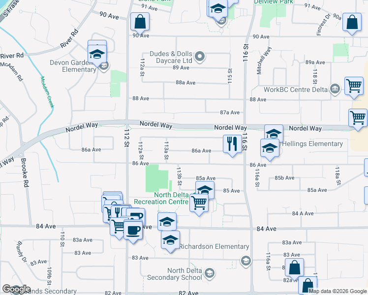 map of restaurants, bars, coffee shops, grocery stores, and more near 11389 86A Avenue in Delta