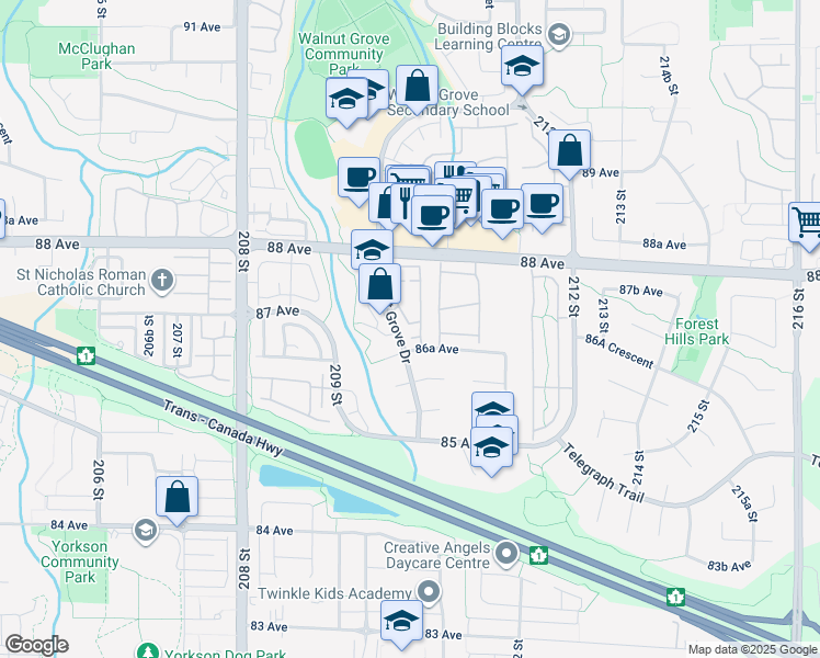 map of restaurants, bars, coffee shops, grocery stores, and more near 8716 Walnut Grove Drive in Langley Township