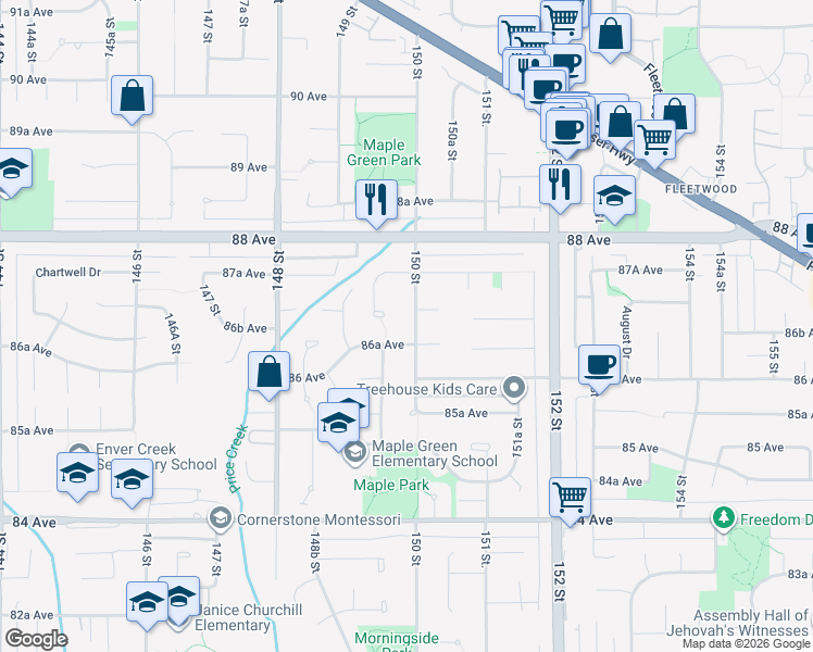 map of restaurants, bars, coffee shops, grocery stores, and more near 8673 150 Street in Surrey