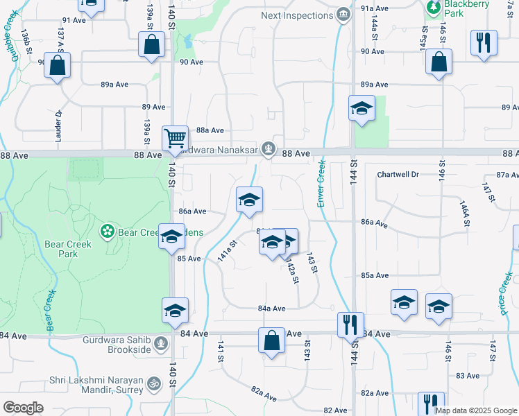 map of restaurants, bars, coffee shops, grocery stores, and more near 8662 141B Street in Surrey