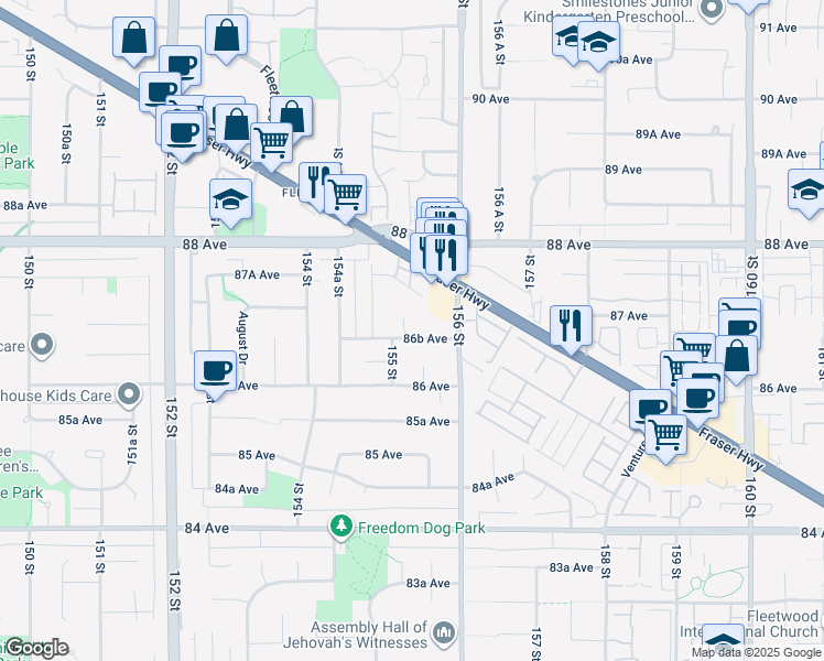 map of restaurants, bars, coffee shops, grocery stores, and more near 8670 Tunis Place in Surrey