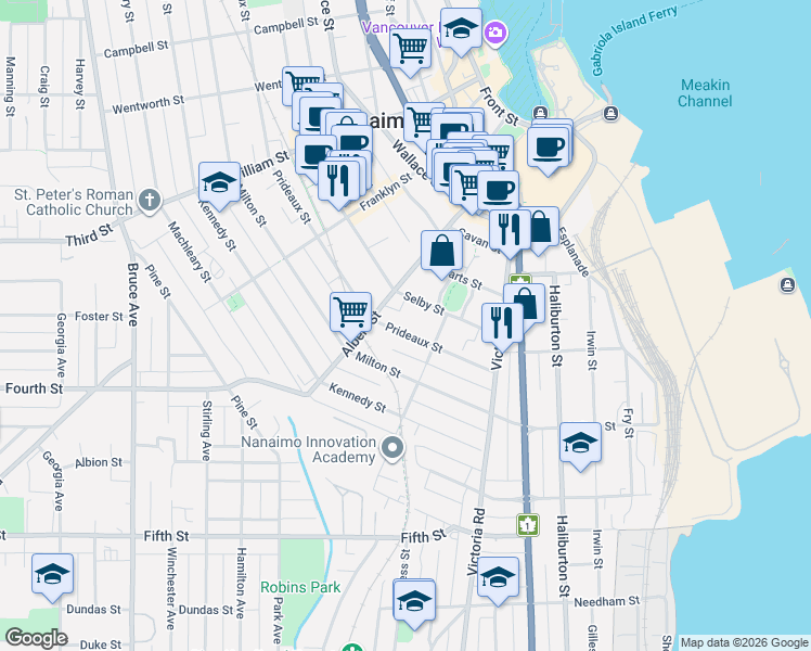 map of restaurants, bars, coffee shops, grocery stores, and more near 532 Prideaux Street in Nanaimo