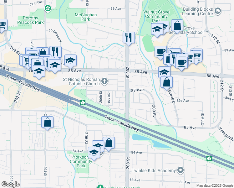 map of restaurants, bars, coffee shops, grocery stores, and more near 20788 87 Avenue in Langley Township