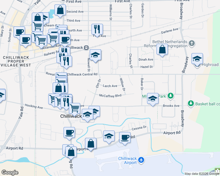 map of restaurants, bars, coffee shops, grocery stores, and more near 46190 Larch Avenue in Chilliwack