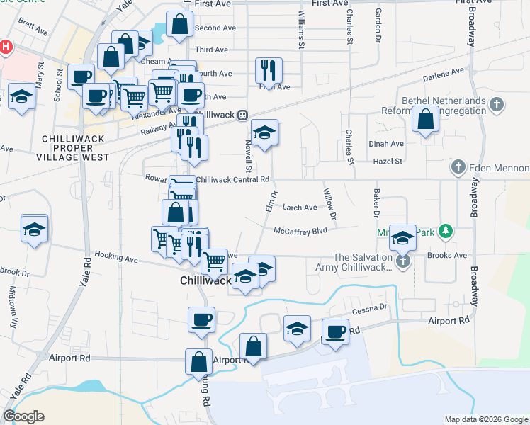 map of restaurants, bars, coffee shops, grocery stores, and more near 8725 Elm Drive in Chilliwack