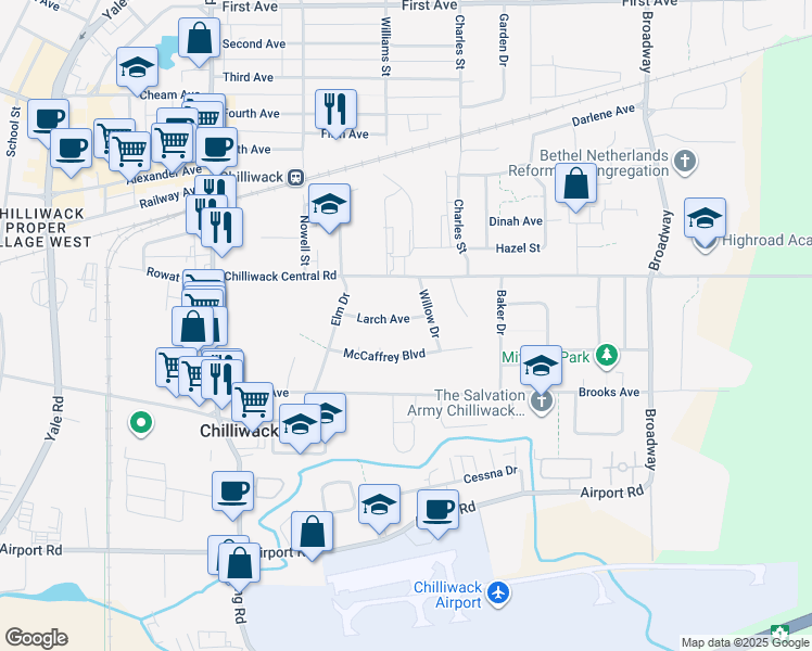 map of restaurants, bars, coffee shops, grocery stores, and more near 46220 Larch Avenue in Chilliwack