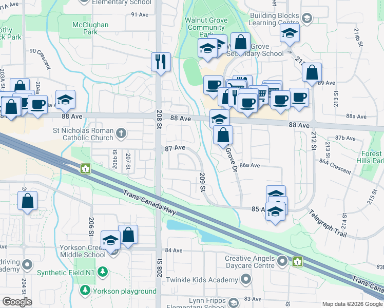 map of restaurants, bars, coffee shops, grocery stores, and more near 16 87 Avenue in Langley