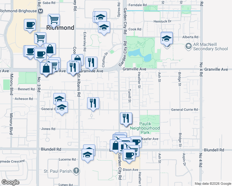map of restaurants, bars, coffee shops, grocery stores, and more near 8780 Bennett Road in Richmond