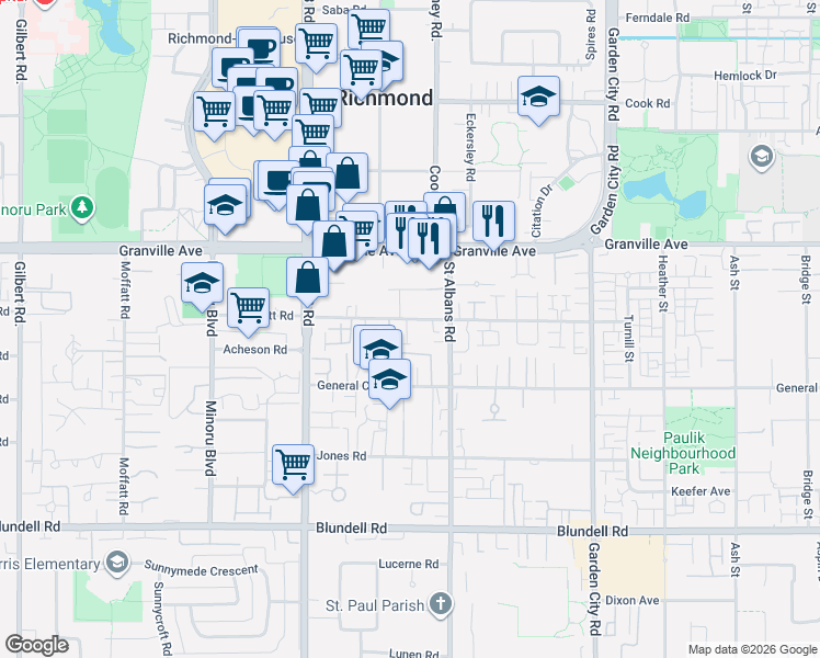 map of restaurants, bars, coffee shops, grocery stores, and more near 8280 Bennett Road in Richmond