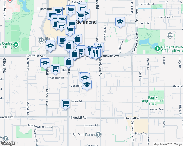 map of restaurants, bars, coffee shops, grocery stores, and more near 8280 Bennett Road in Richmond
