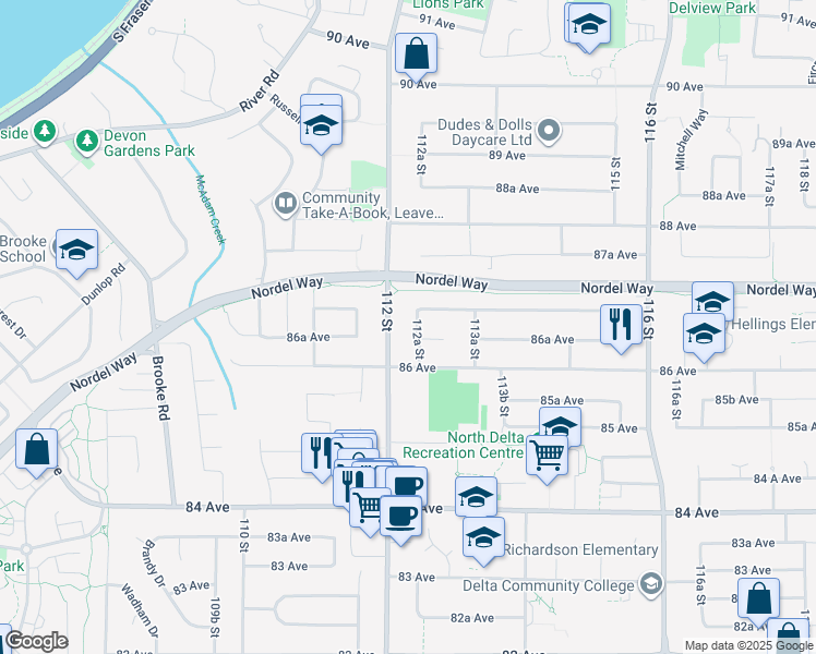 map of restaurants, bars, coffee shops, grocery stores, and more near 8677 112A Street in Delta