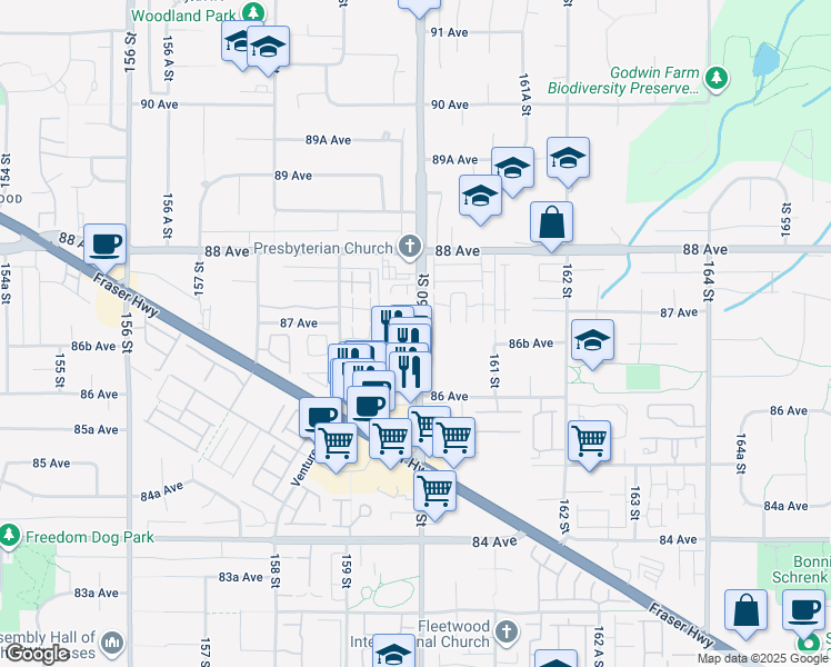 map of restaurants, bars, coffee shops, grocery stores, and more near in Surrey