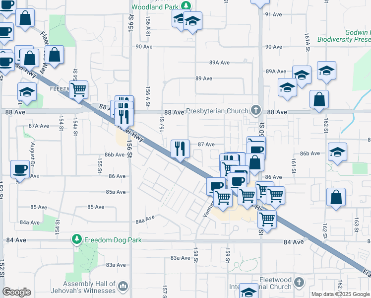 map of restaurants, bars, coffee shops, grocery stores, and more near in Surrey