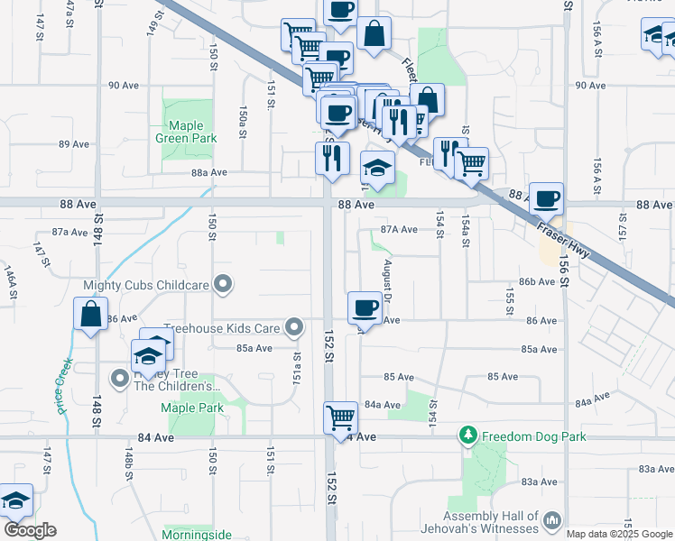 map of restaurants, bars, coffee shops, grocery stores, and more near 8682 152 Street in Surrey