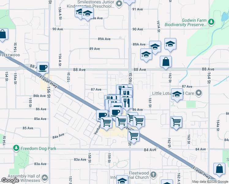 map of restaurants, bars, coffee shops, grocery stores, and more near 15933 86A Avenue in Surrey
