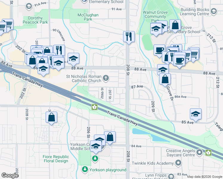 map of restaurants, bars, coffee shops, grocery stores, and more near 8692 207 Street in Langley Township